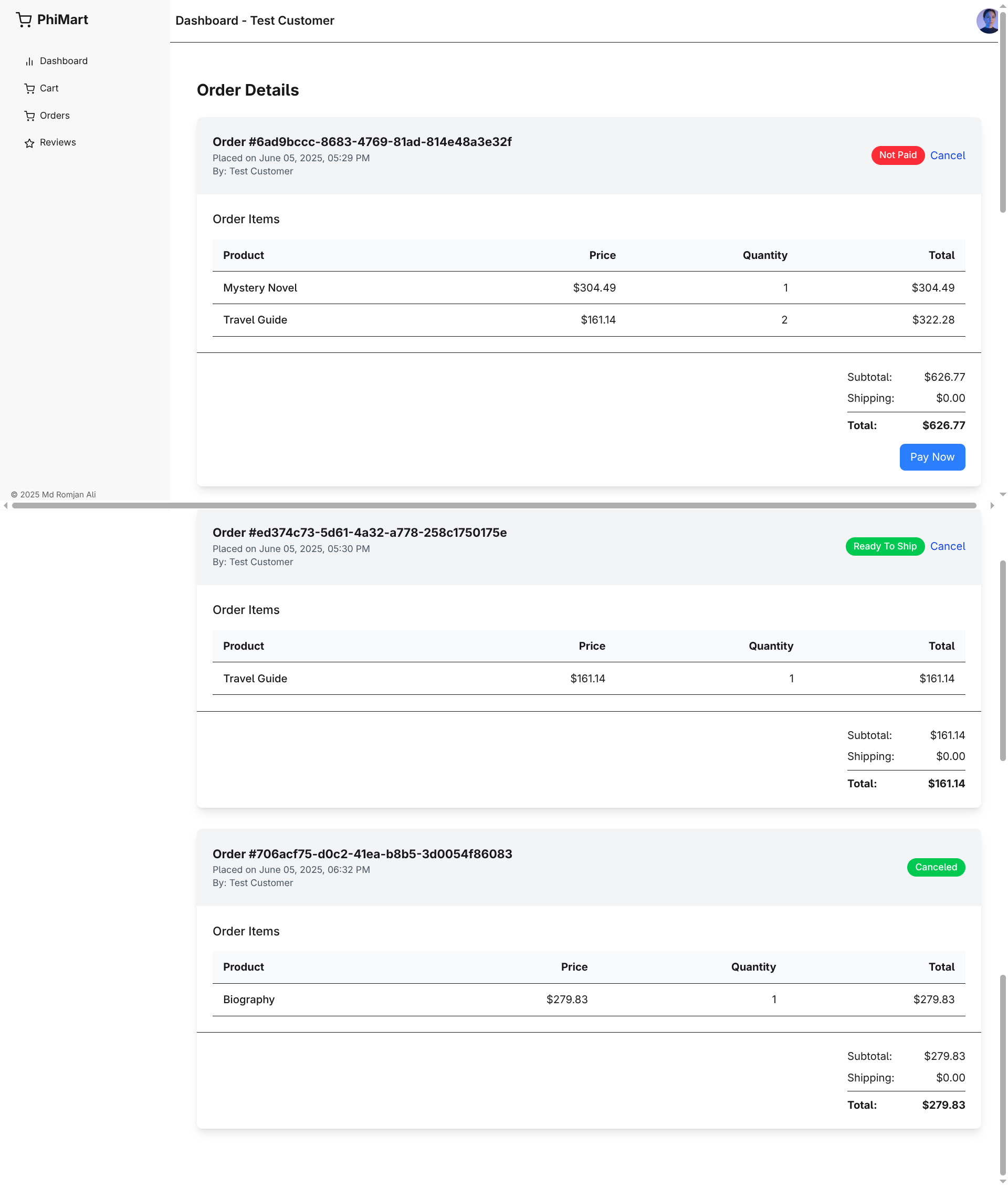 User Orders